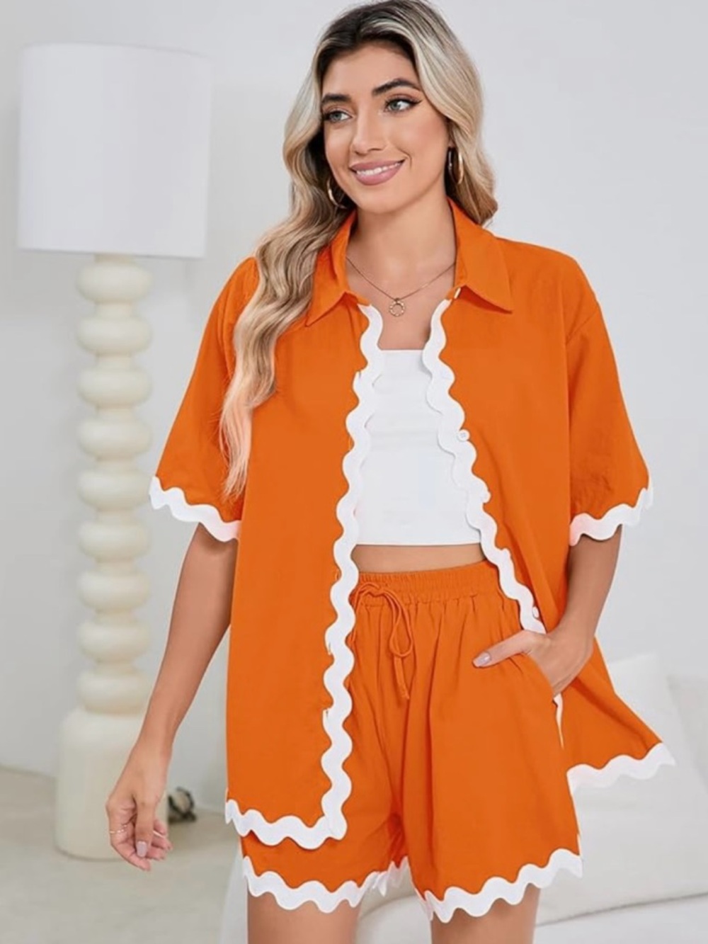 Orange Scalloped Trim Short Set